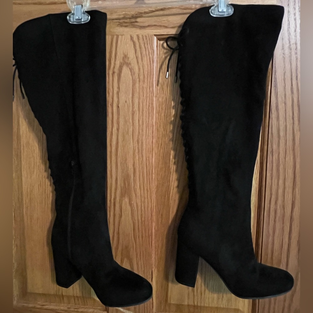 Black suede over-knee boots, size 7.5